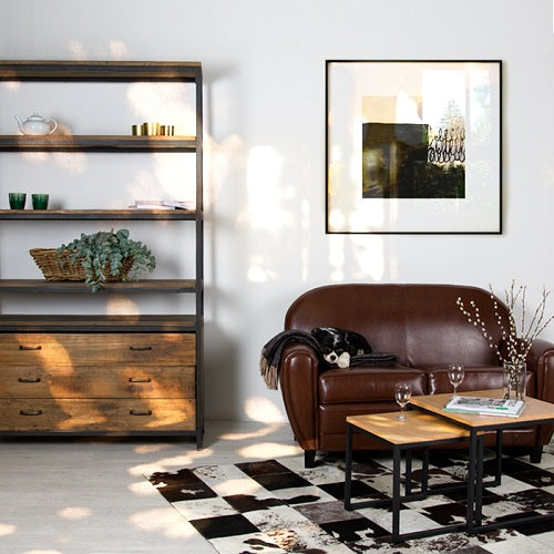 salon ambiance indus avec fauteuil club et bibliothèque bois et métal