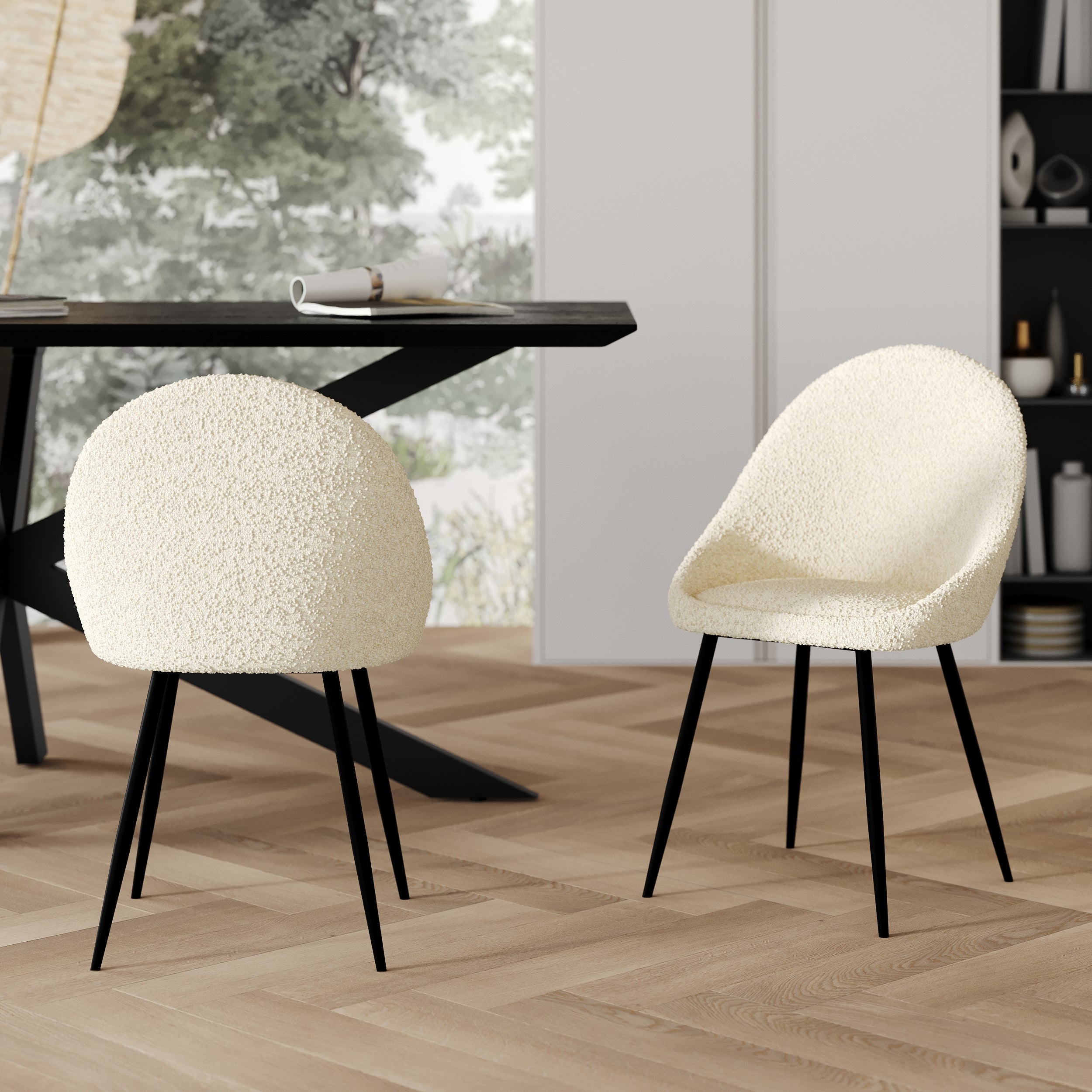 2 chaises en tissu boucle beige pieds noirs