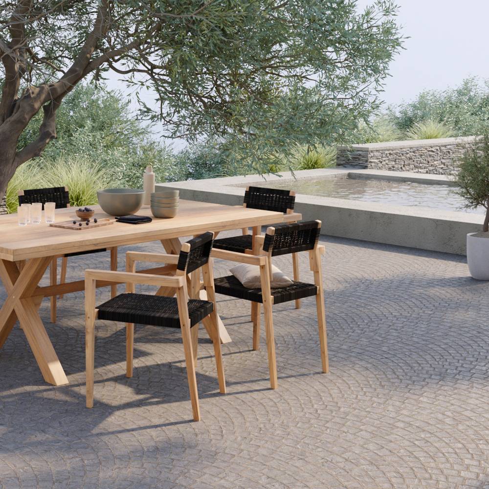 achat chaise de jardin en bois de teck et en tissu noir_1