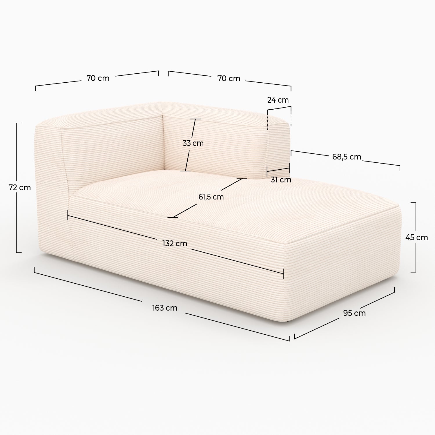 Rechteckige Eckliege Mina für modulares Sofa aus weißem Samt
