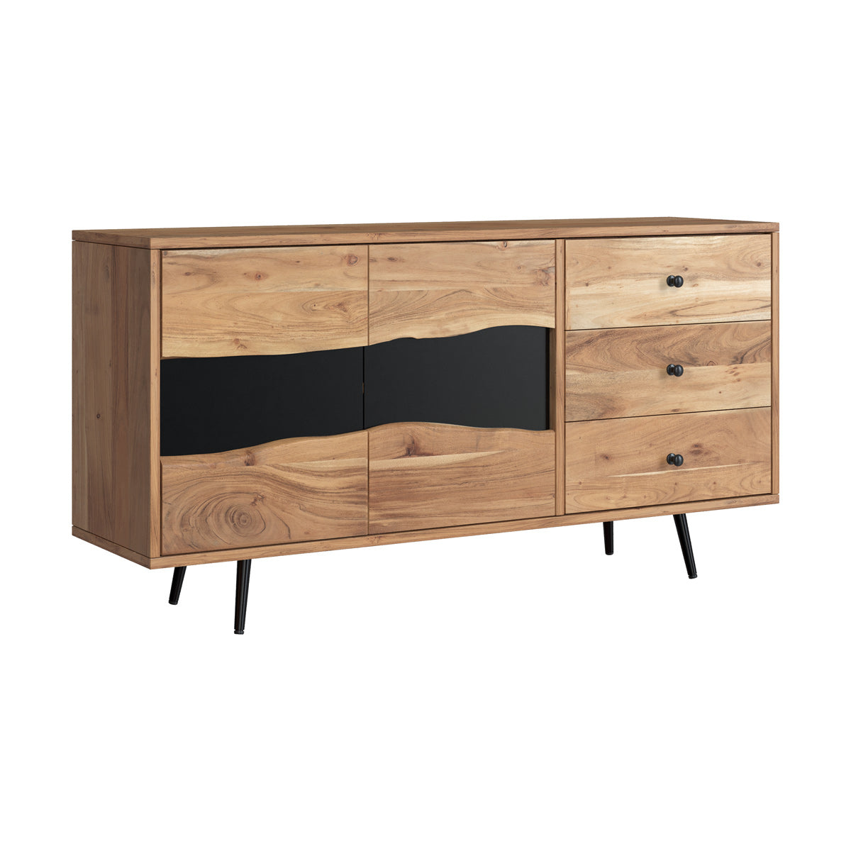 buffet 2 portes 3 tiroirs en bois clair et noir