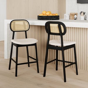 chaise de bar maria mi hauteur en tissu beige et bois noir et cannage