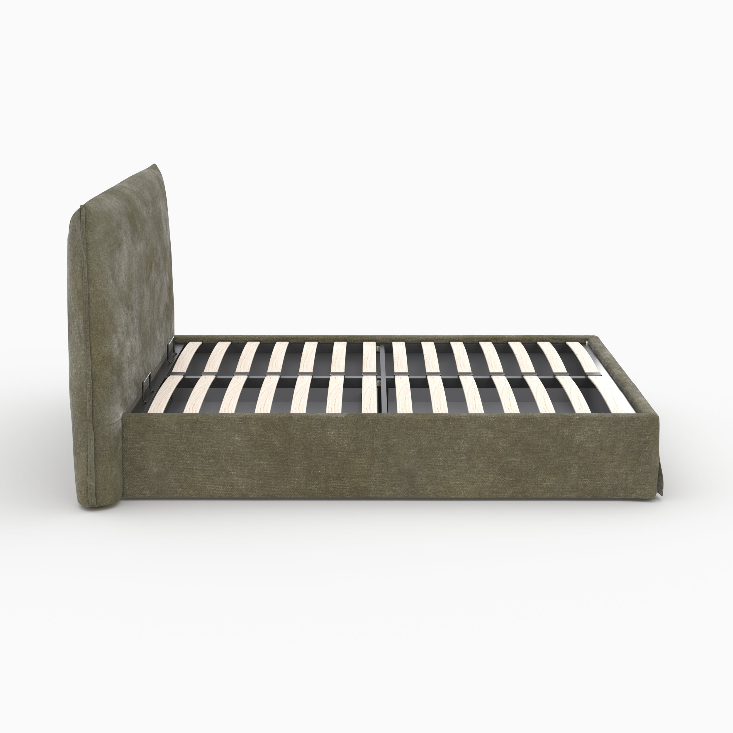 Lit coffre 160x200 cm Safia en tissu vert olive déhoussable