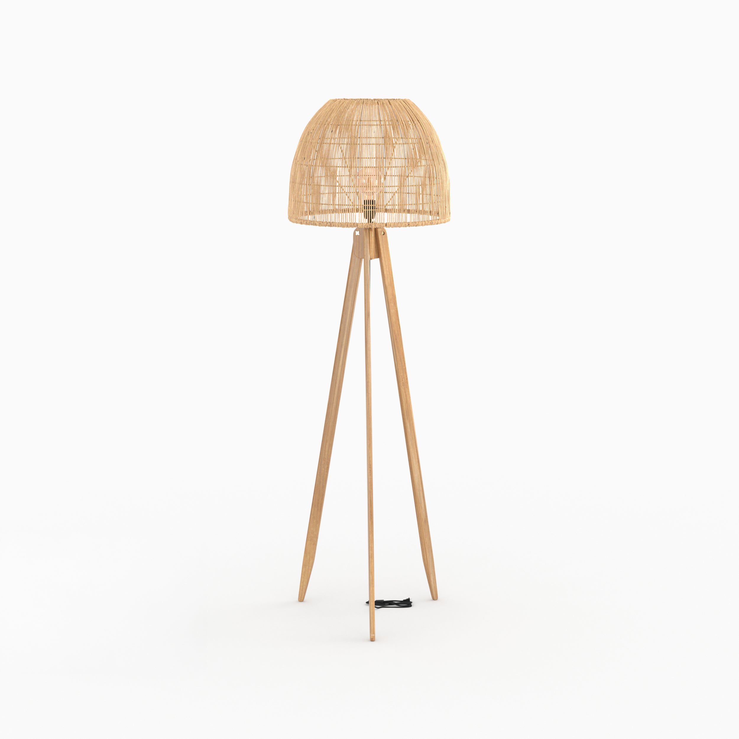 corte lampadaire en bois de teck et rotin trepied