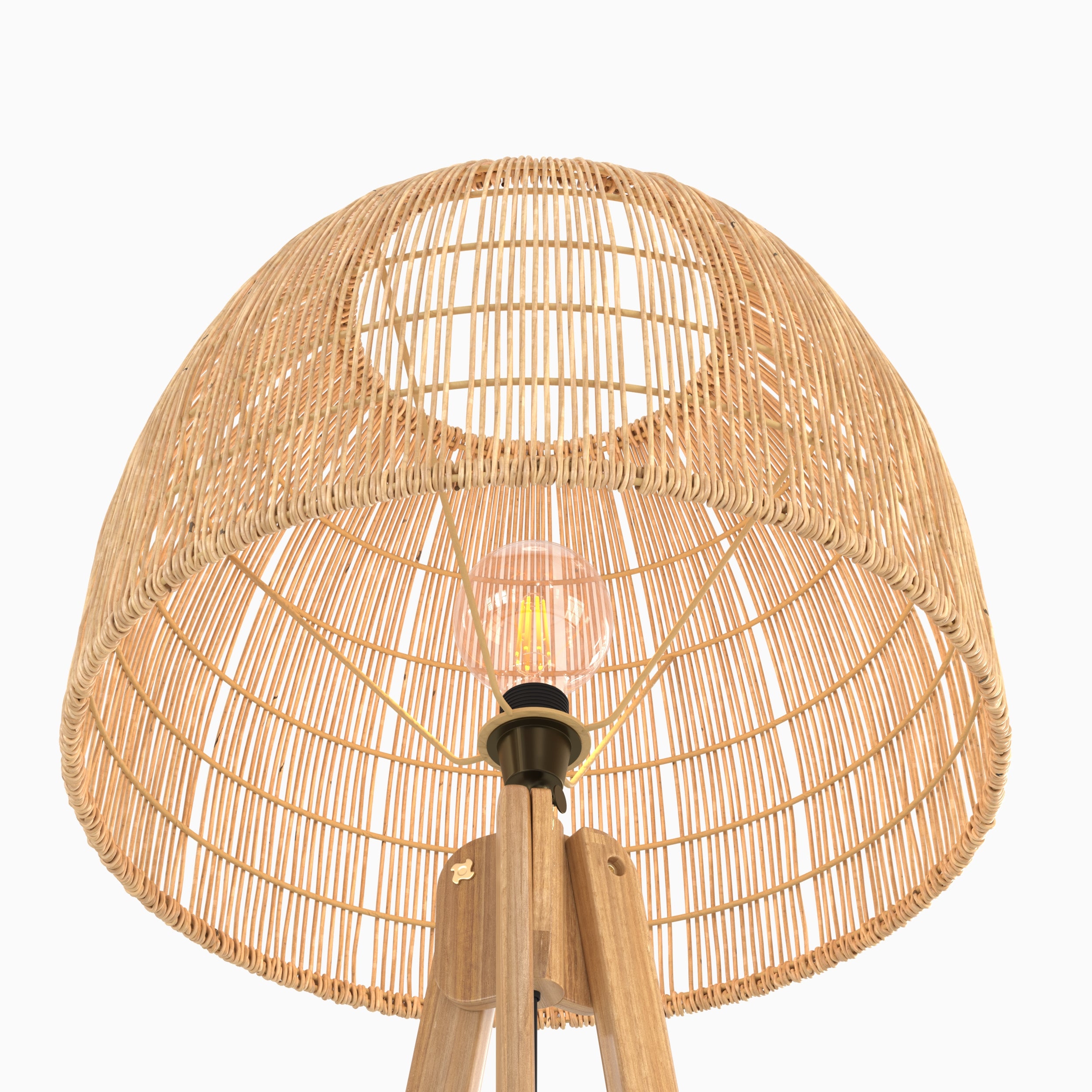 lampadaire bois de teck et rotin trepied corte