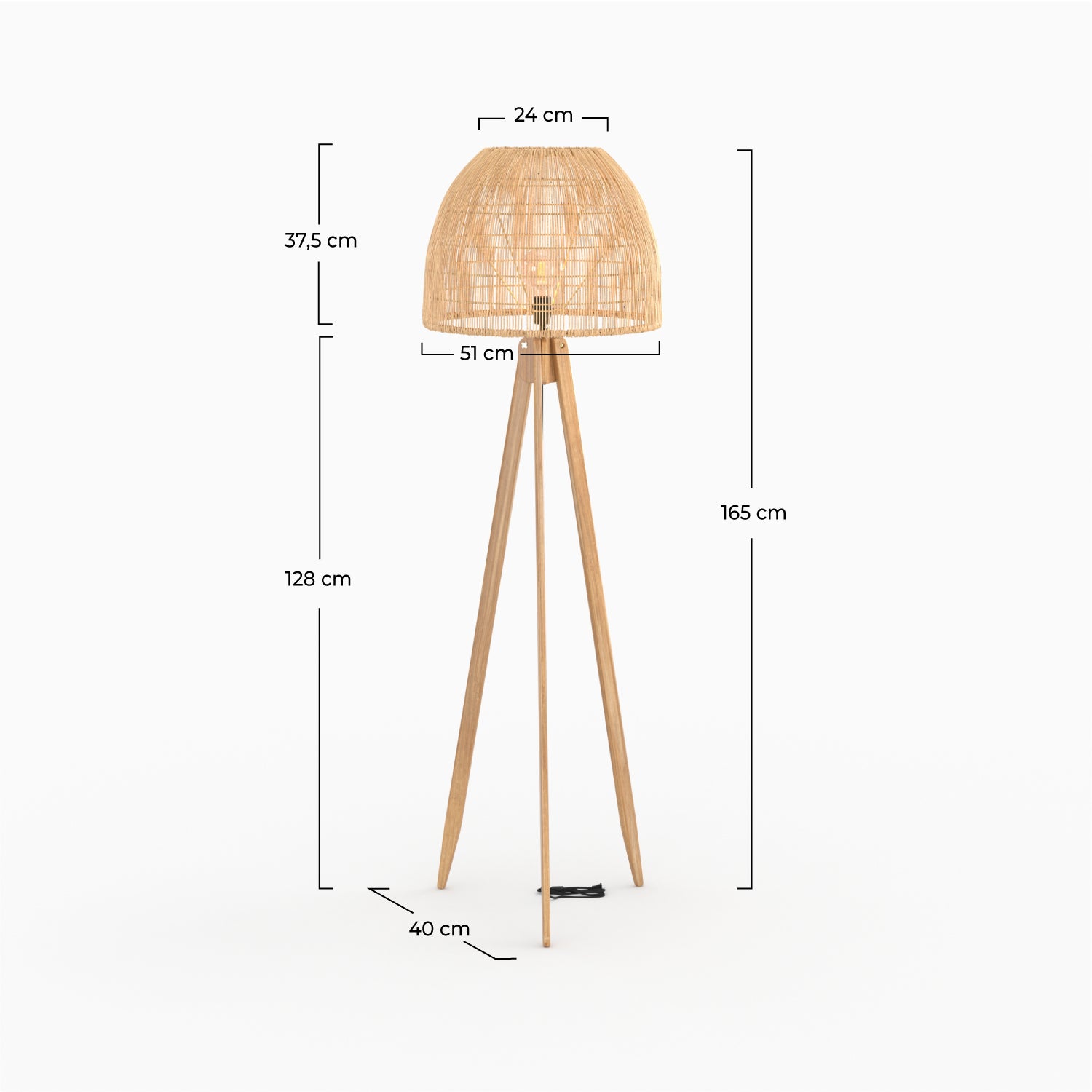 lampadaire corte en bois de teck rotin trepied