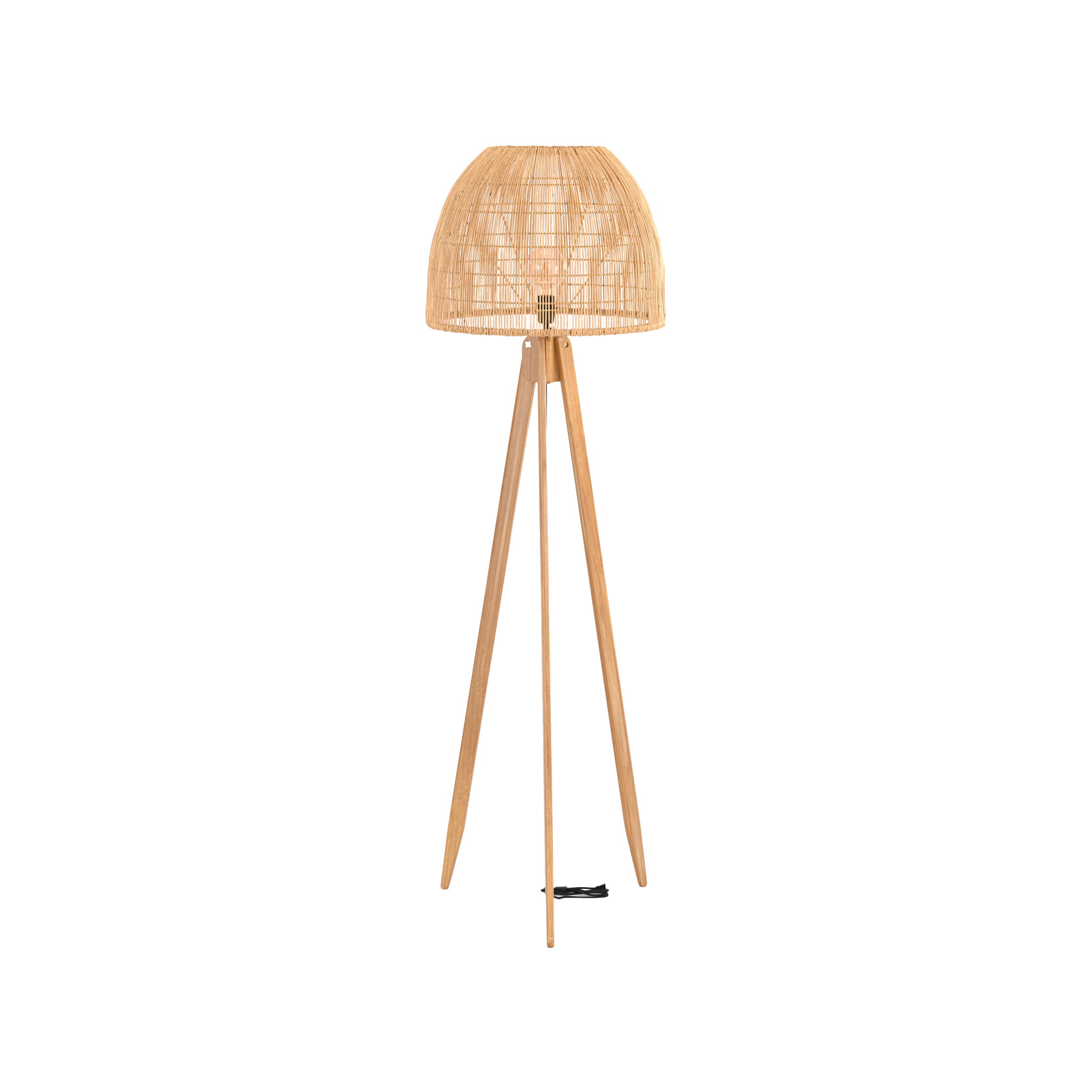 lampadaire trepied corte en bois de teck et rotin fond blanc