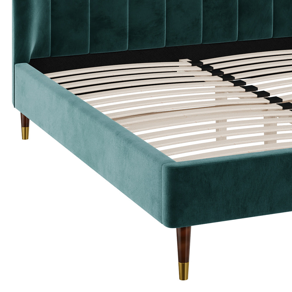 lit double gala 160x200 cm en velours vert et pieds dore