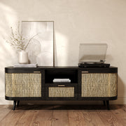 meuble tv cannage et bois noir rangement wendy