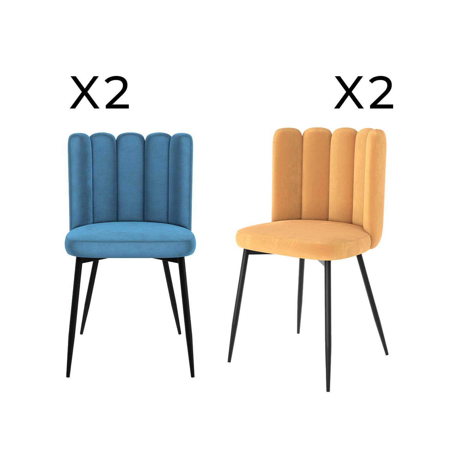 pack 4 chaises rosy en velours bleu et jaune fond blanc