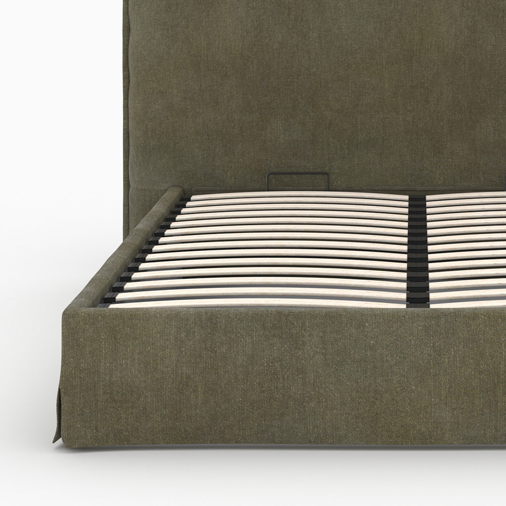 Lit coffre 160x200 cm Safia en tissu vert olive déhoussable