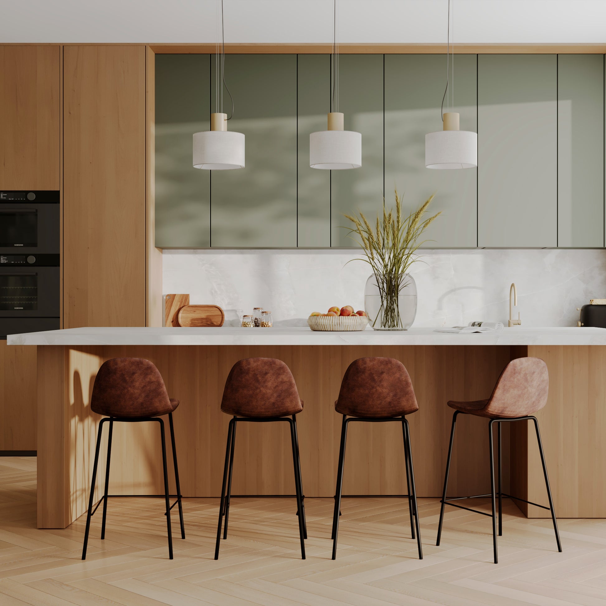 tabouret de bar cuir sunthetique marron pieds noirs 65 cm henrik