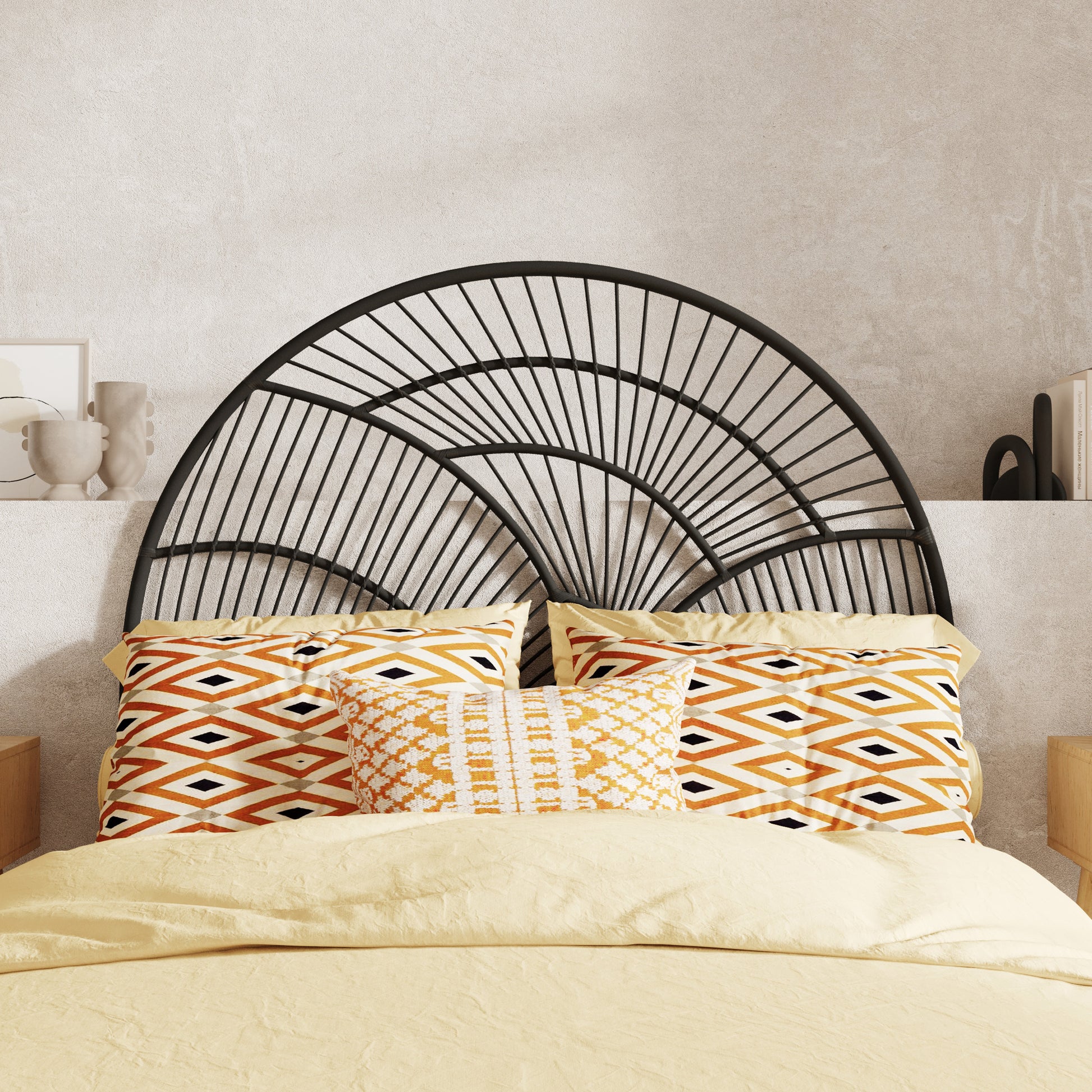 tete de lit rotin noir arrondie 140 cm selene