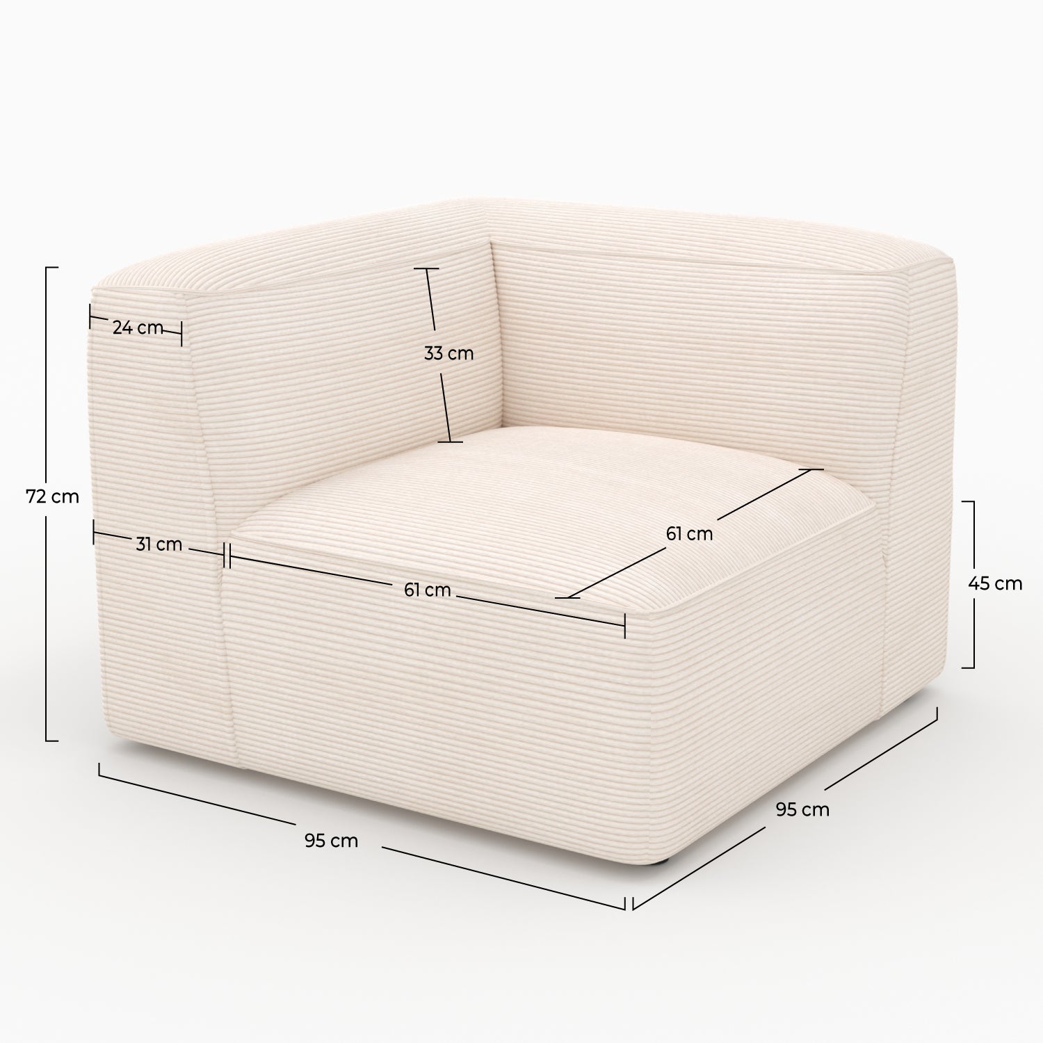 Linke Ecke Mina für modulare Couch aus cremefarbenem Velvet