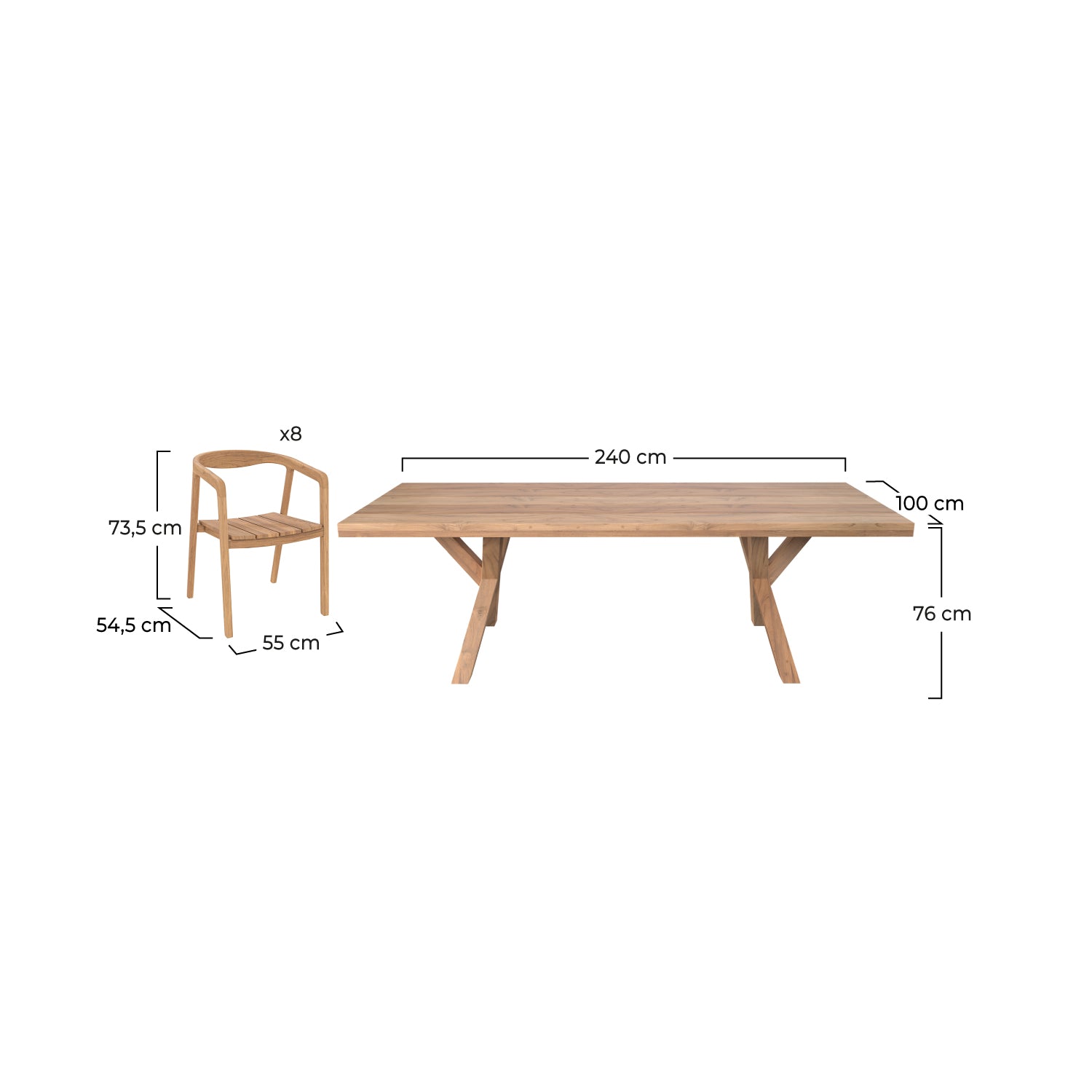 1 table et 8 chaises de jardin en bois soraya