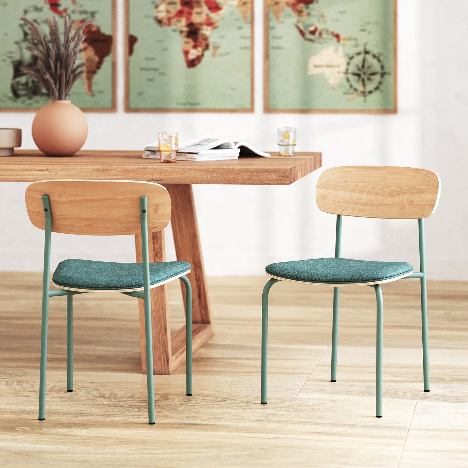 2 chaises alba ecoliere bleu et bois