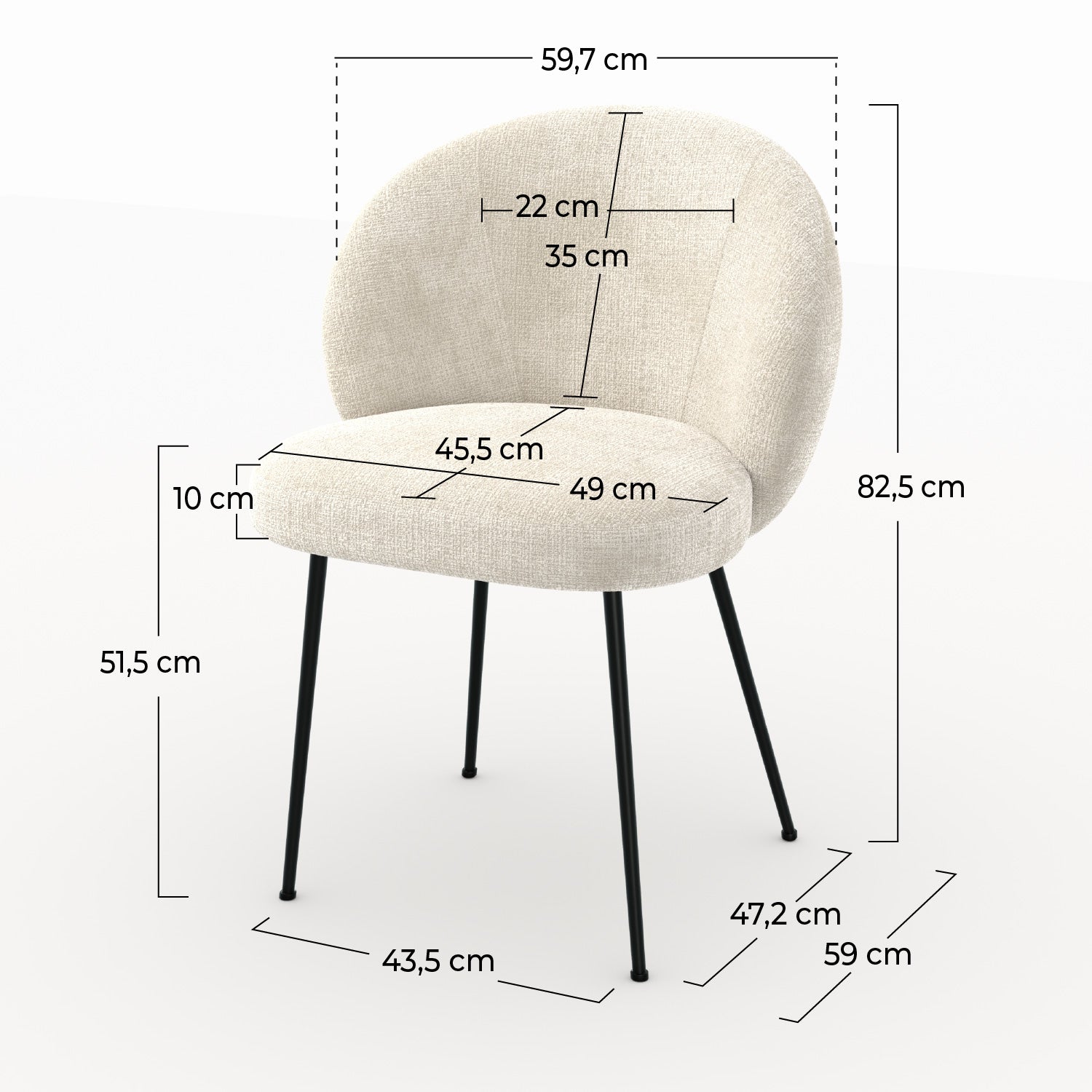 Chaise Bloomy en velours chenillé écru et métal noir