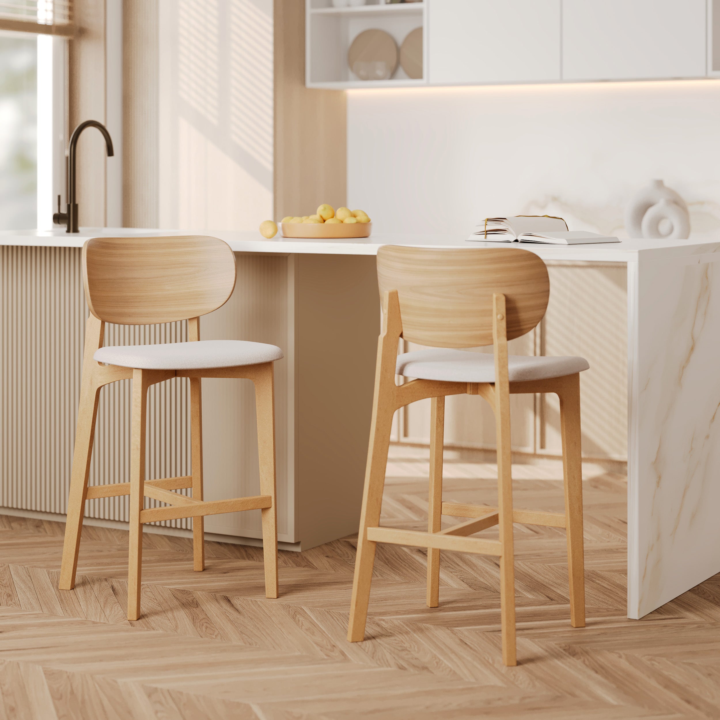 2 chaises de bar 66 cm beige et bois clair