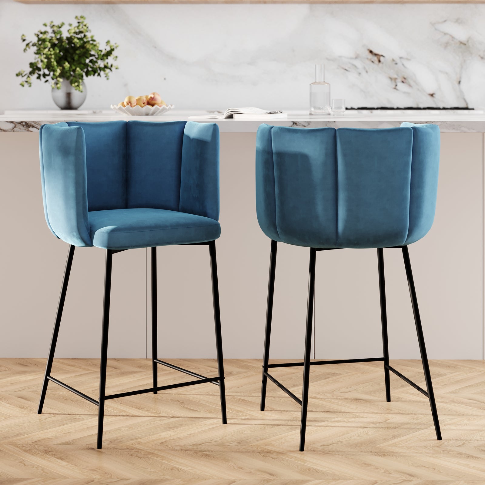 2 chaises de bar 67 cm rosy en velours bleu rdv deco