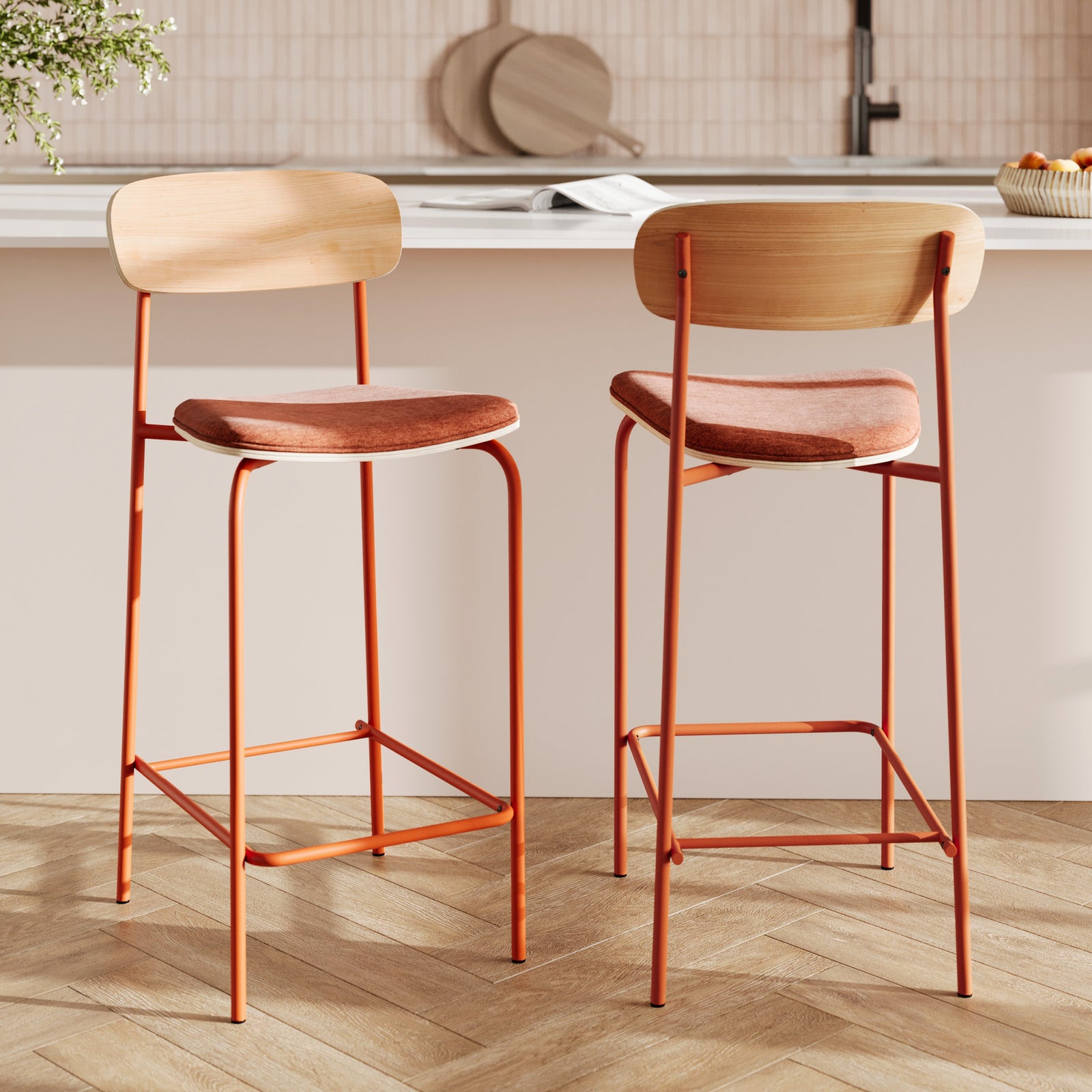 2 chaises de bar alba tissu orange bois clair