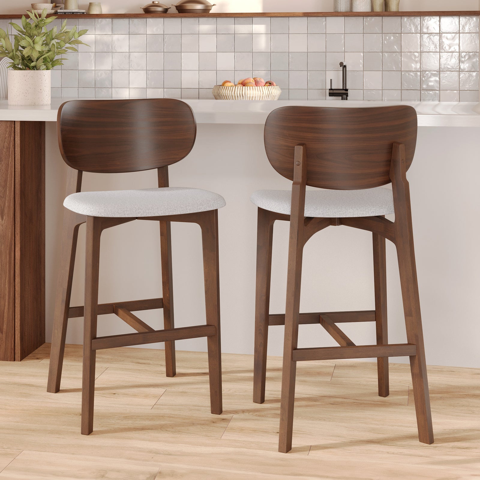 2 chaises de bar aria tissu gris bois fonce