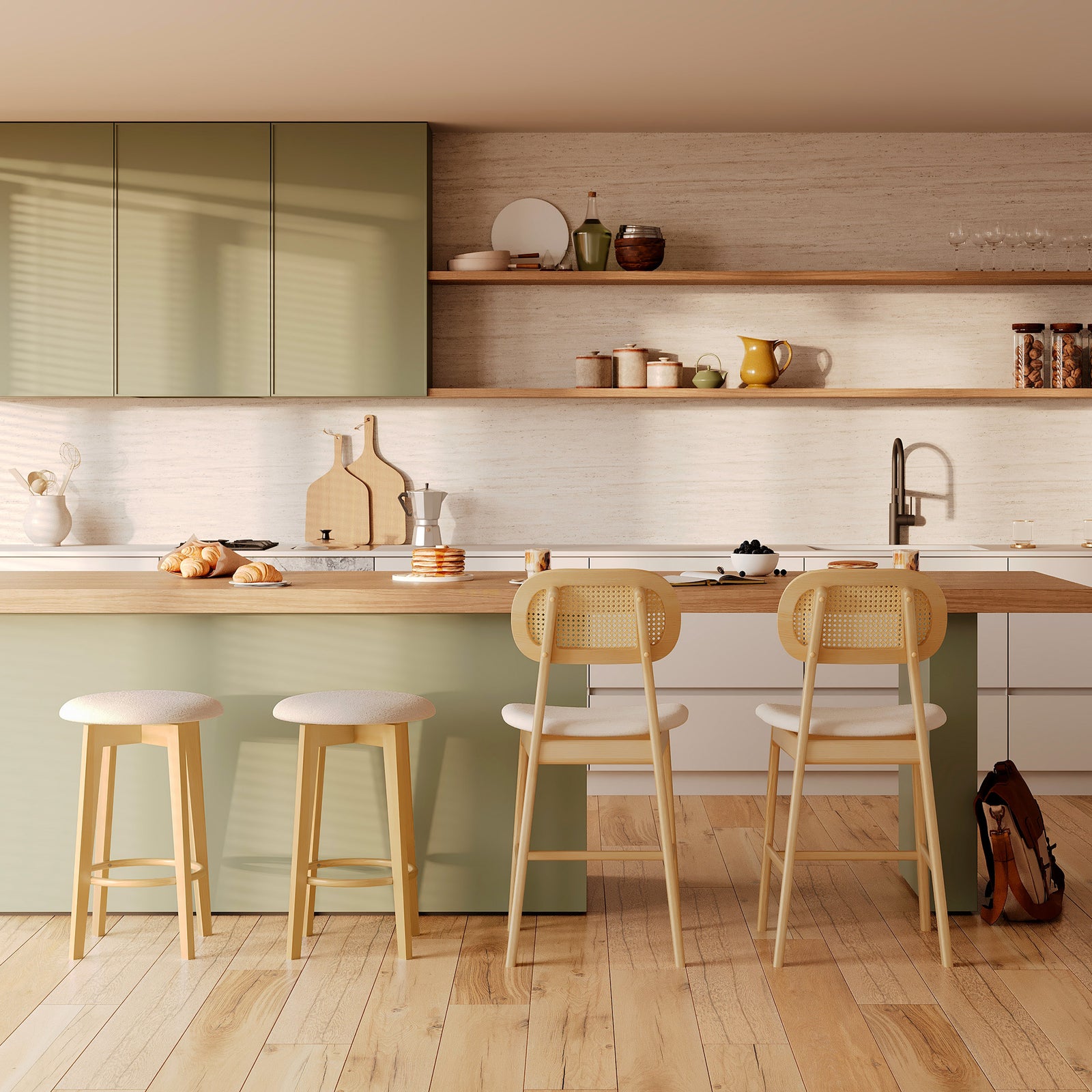 2 chaises de bar bois clair et tissu beige maria rdv deco