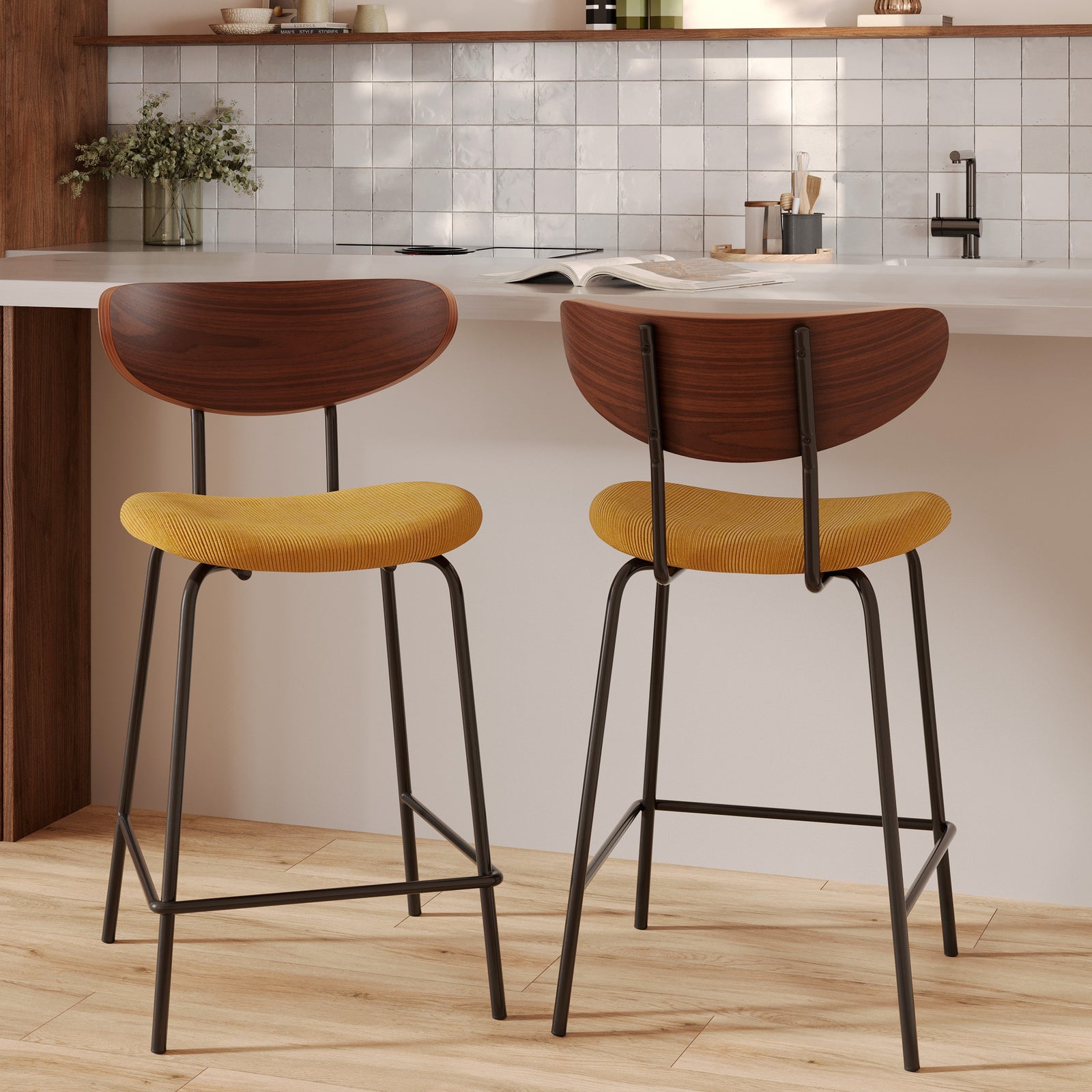 2 chaises de bar velours jaune jade et bois 65