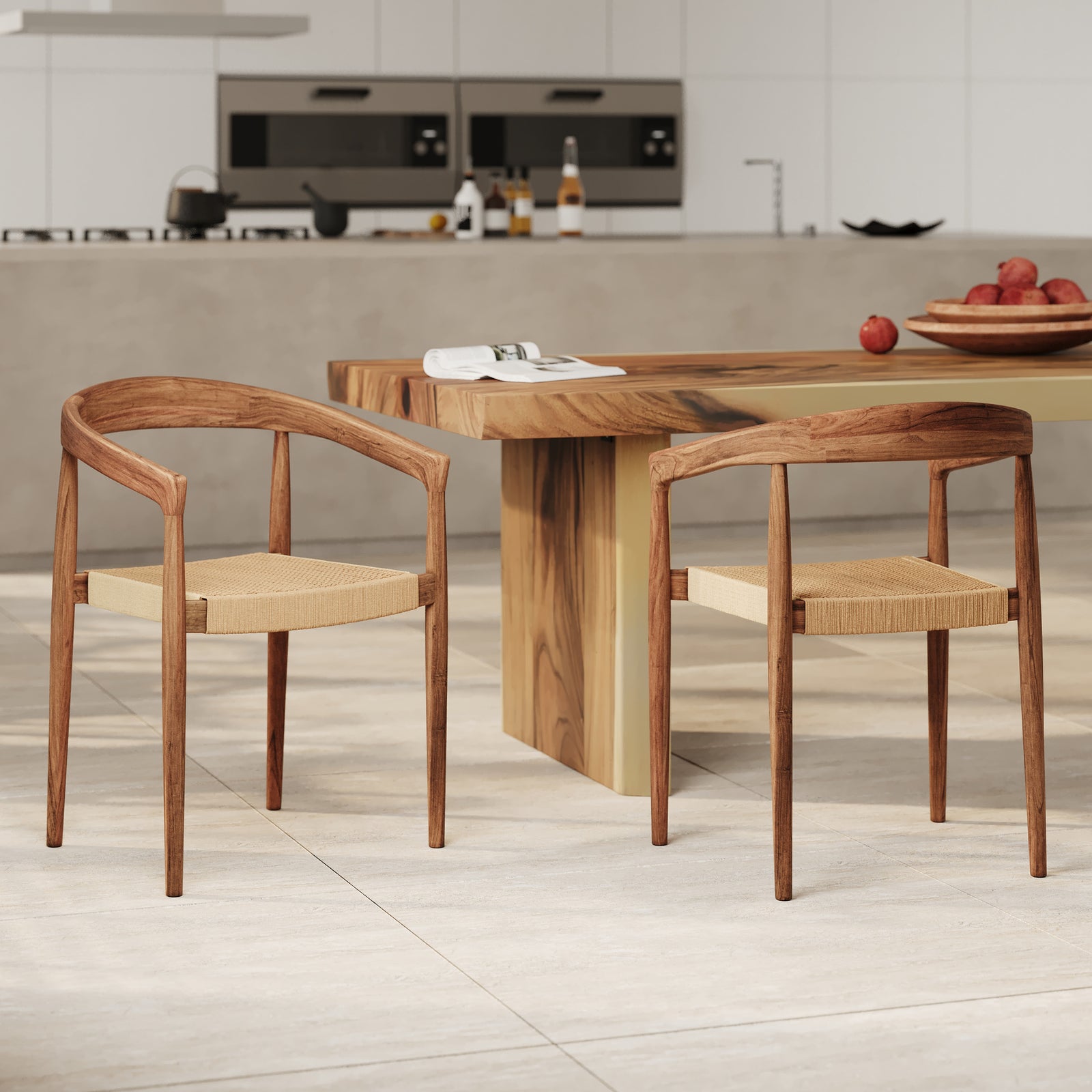 2 chaises en bois teck et rotin bali