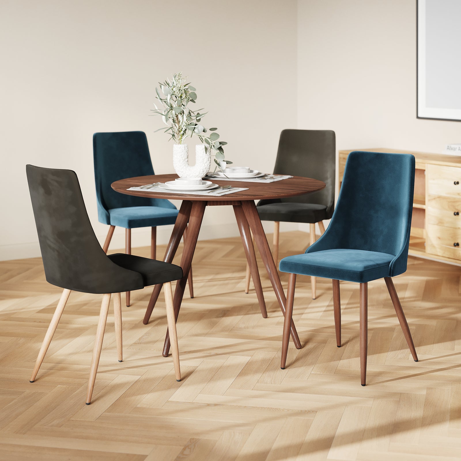 4 chaises bleues et grises vinni en velours rdv deco