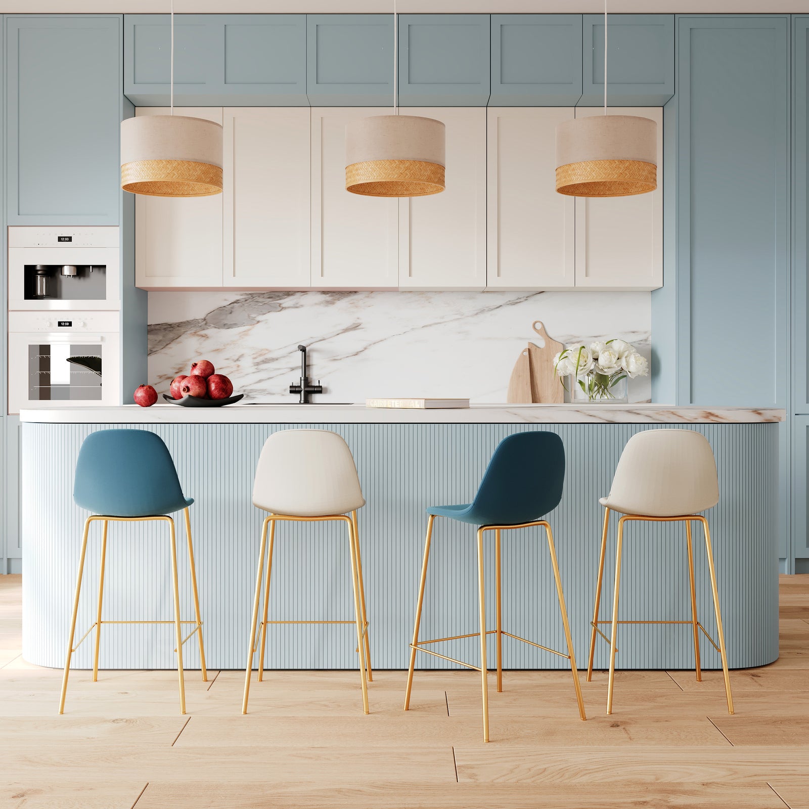 4 chaises de bar henrik blanches et bleues pieds dores rdv deco