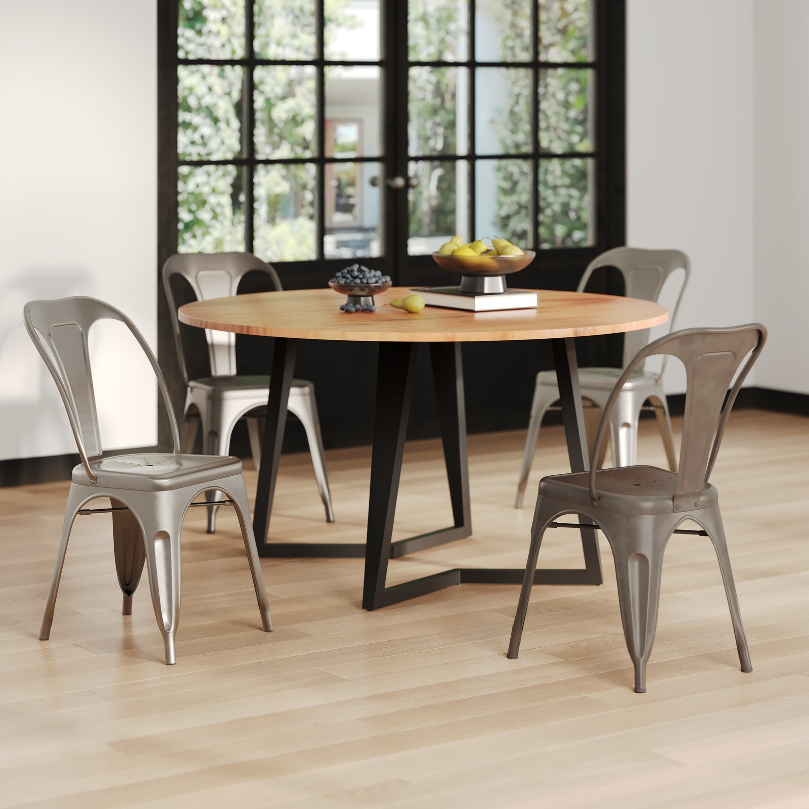 4 chaises en metal gris et gris clair indus