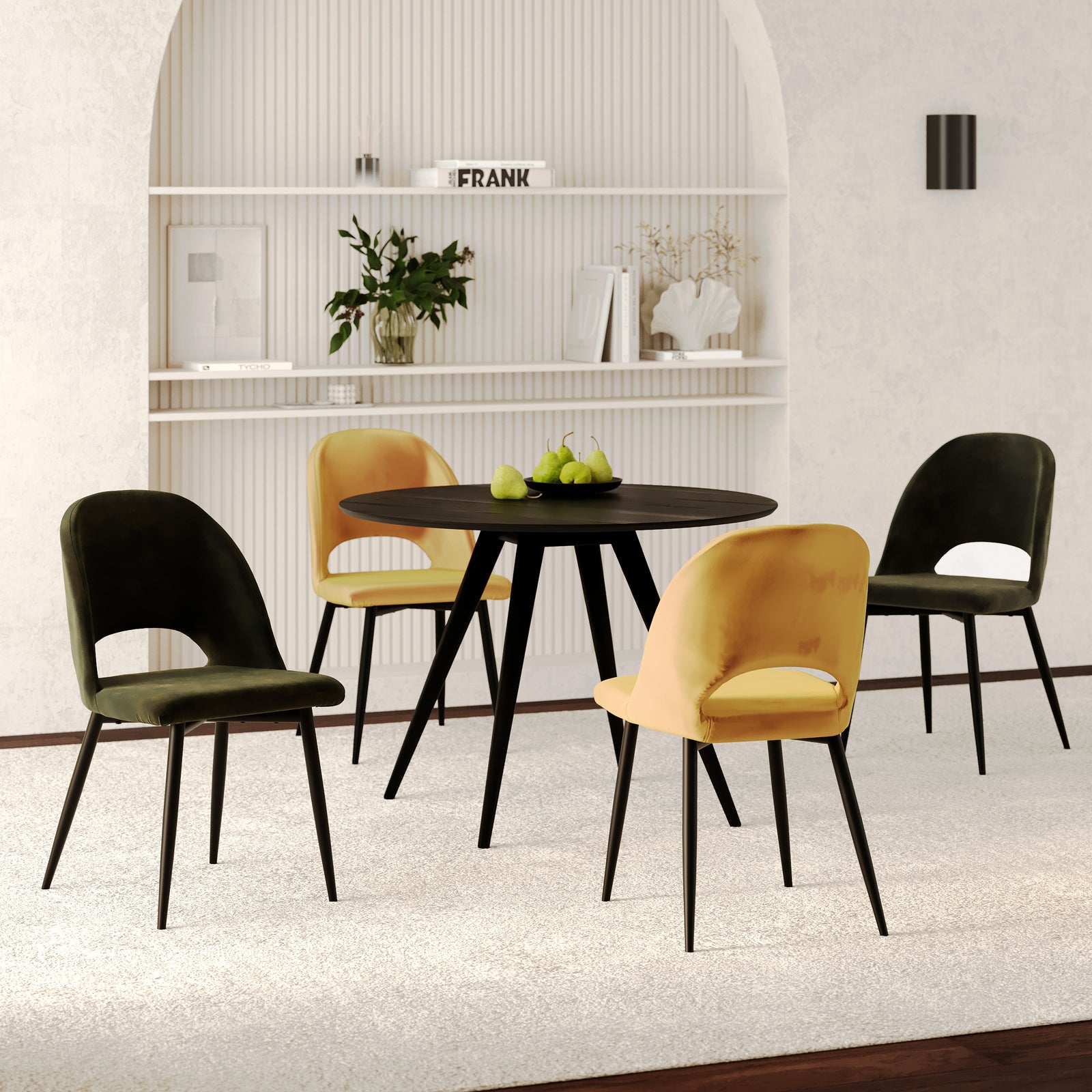 4 peneloppe velours jaune et vert dossier arrondi rdv deco