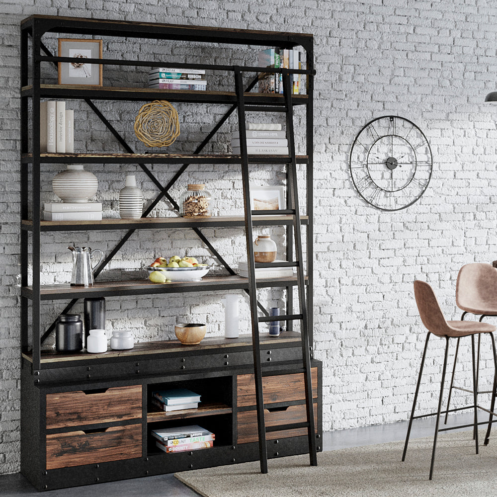 achat bibliotheque metal noir et bois 160 cm echelle 4 tiroirs