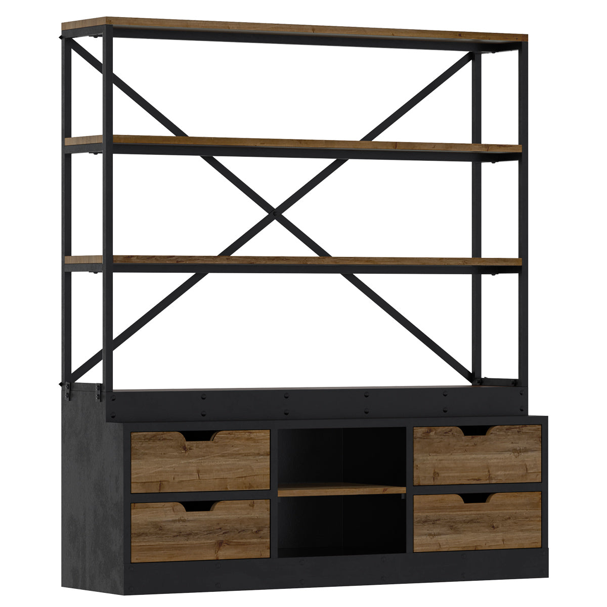 achat de bibliotheque 160 cm en bois et metal 4 tiroirs et 2 niches