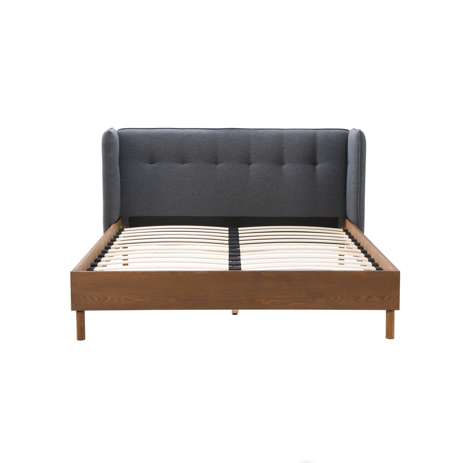 achat lit double gris fonce en tissus et bois