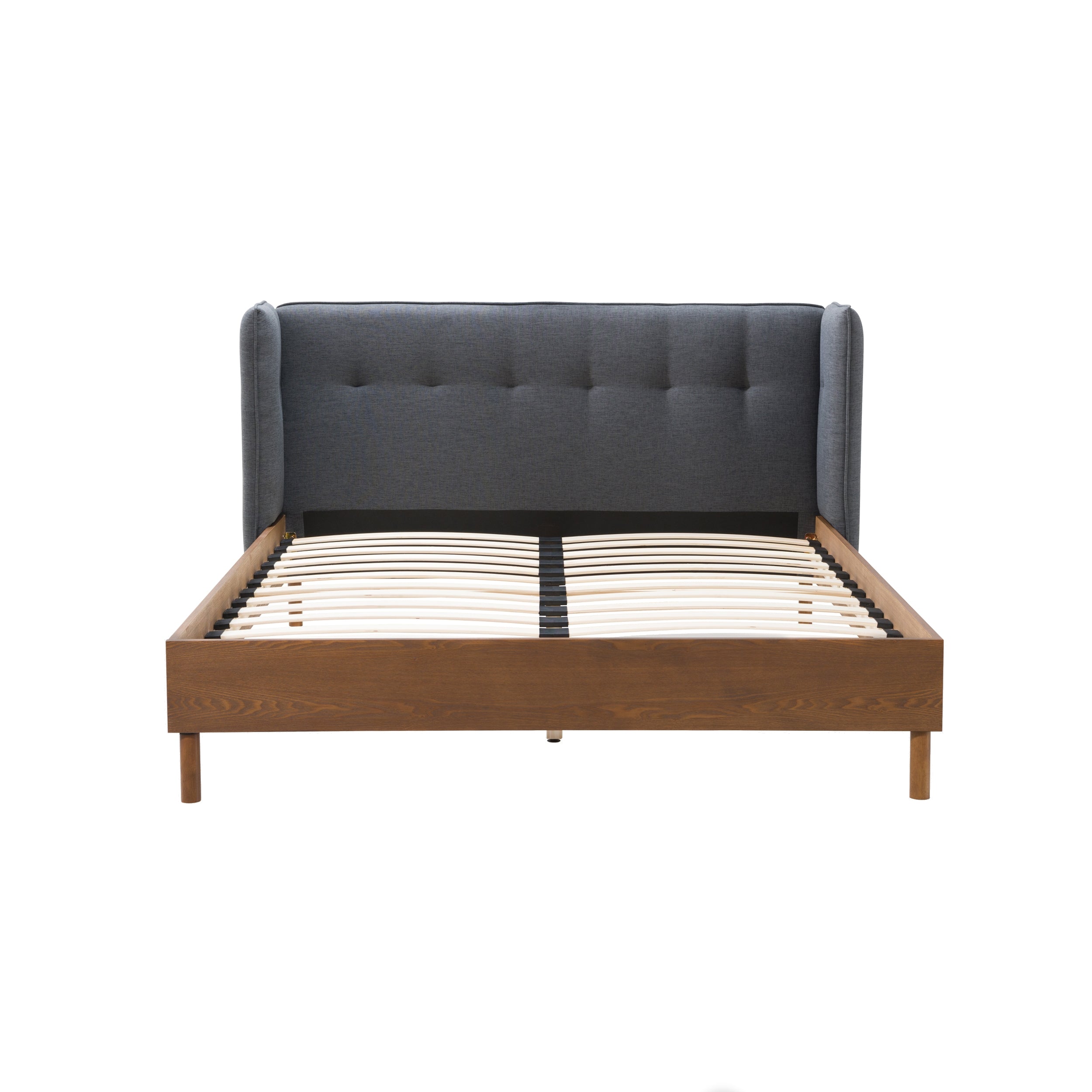 achat lit double gris fonce en tissus et bois