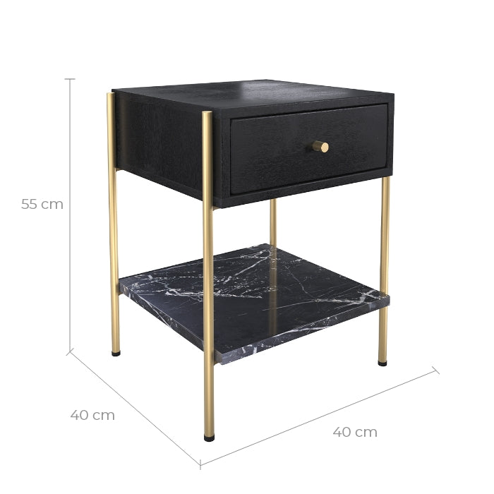 achat table de chevet un tiroir en bois de manguier noir et pieds dore