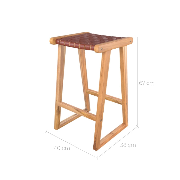 achat tabouret de bar teck cuir tresse marron yama