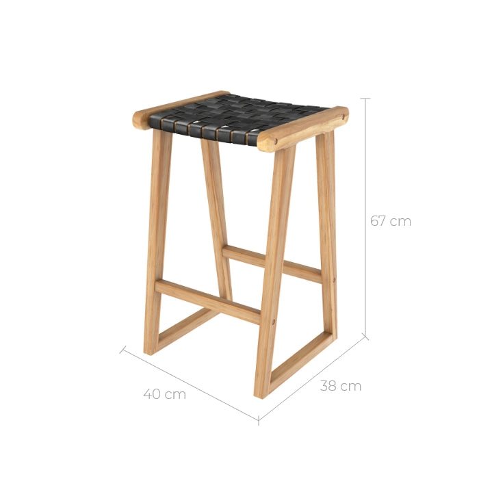 achat tabouret de bar teck cuir tresse noir yuma_1