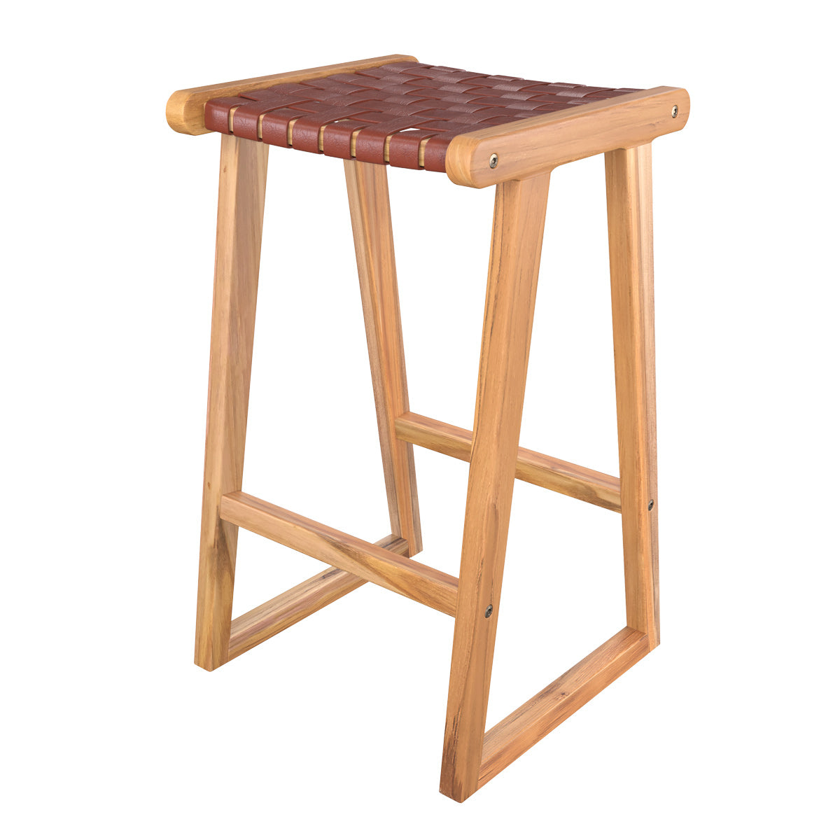 achat tabouret de bar yama en teck et cuir tresse marron