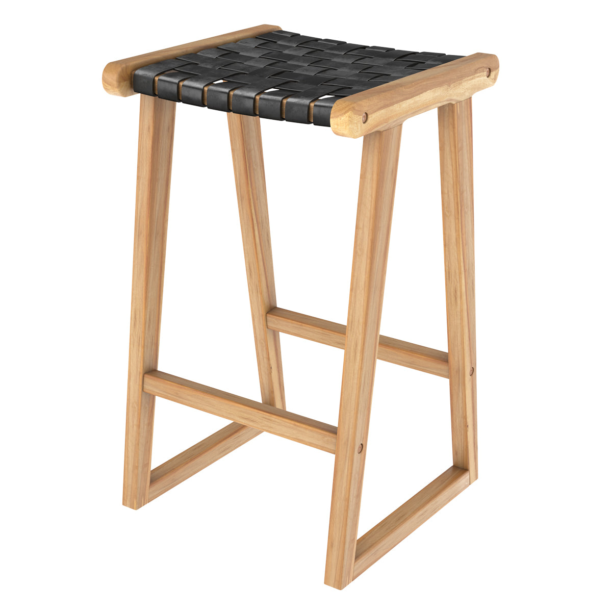 achat tabouret de bar yuma en teck et cuir tresse noir_1