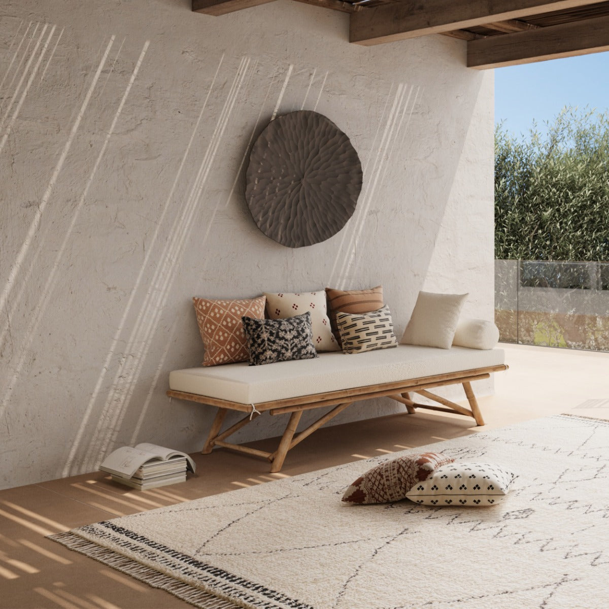 acheter banquette en bambou avec matelas et coussin