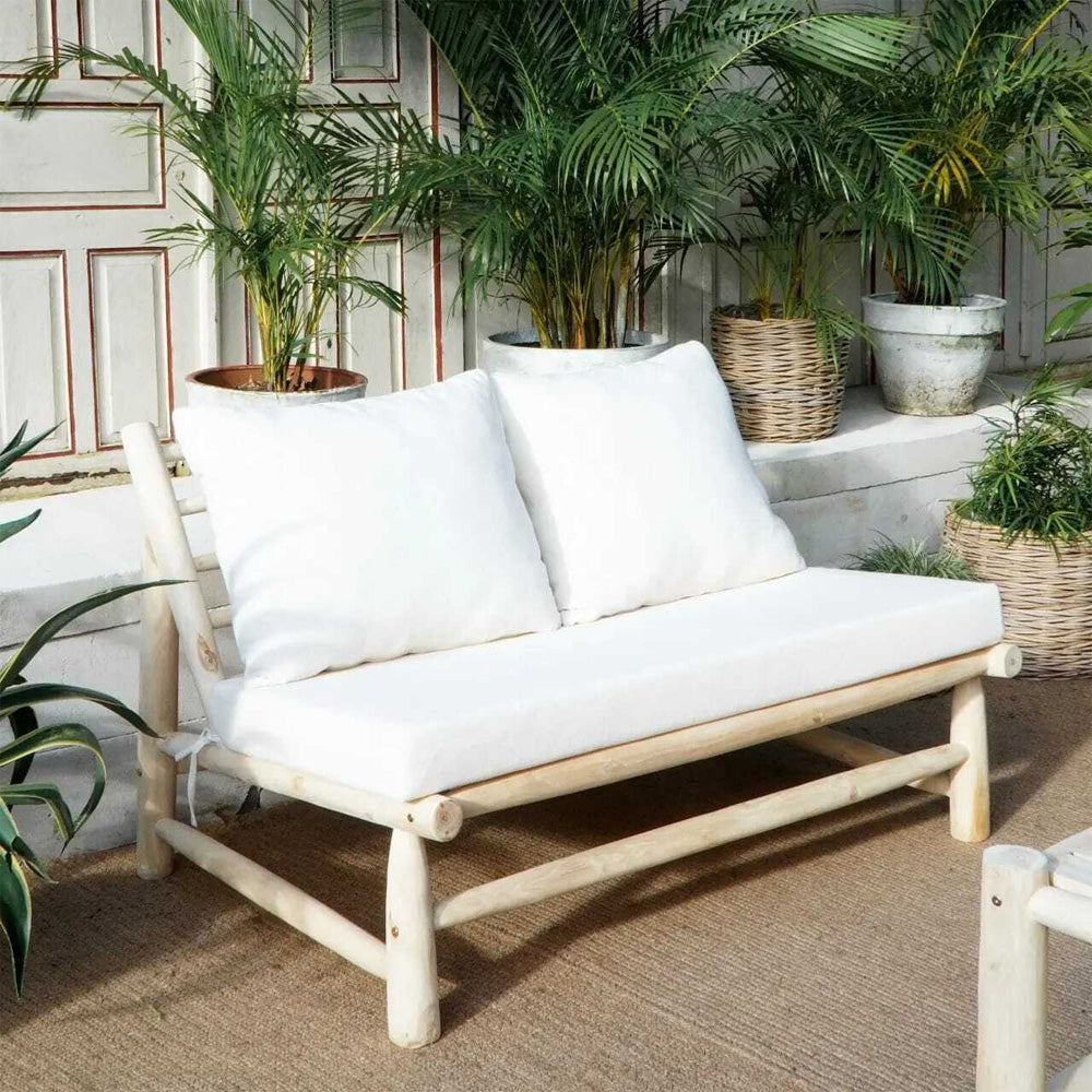 acheter banquette en branche de teck avec coussins blanches