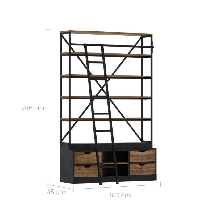acheter bibliotheque 160 cm bois et metal avec echelle 4 tiroirs