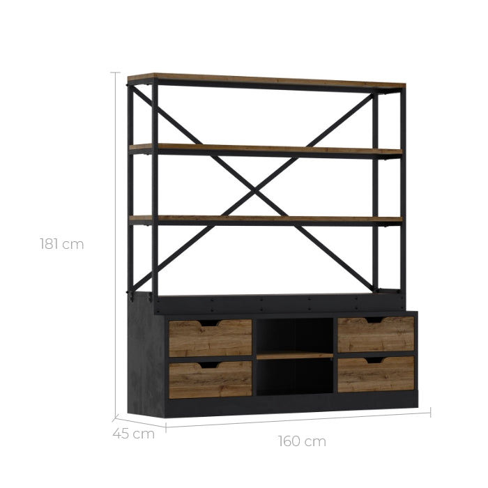 acheter bibliotheque 160 cm en bois et metal 4 tiroirs et 2 niches