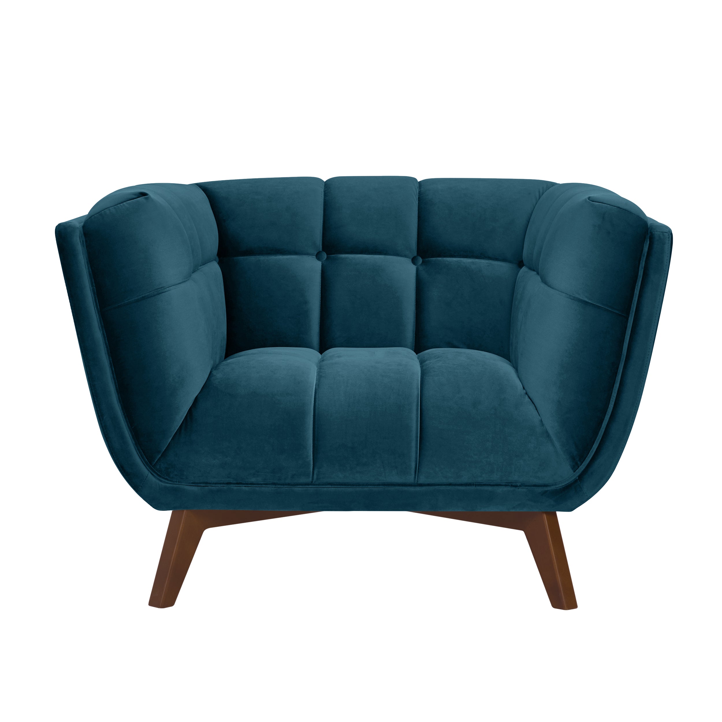 acheter fauteuil bleu fonce pieds bois fonce
