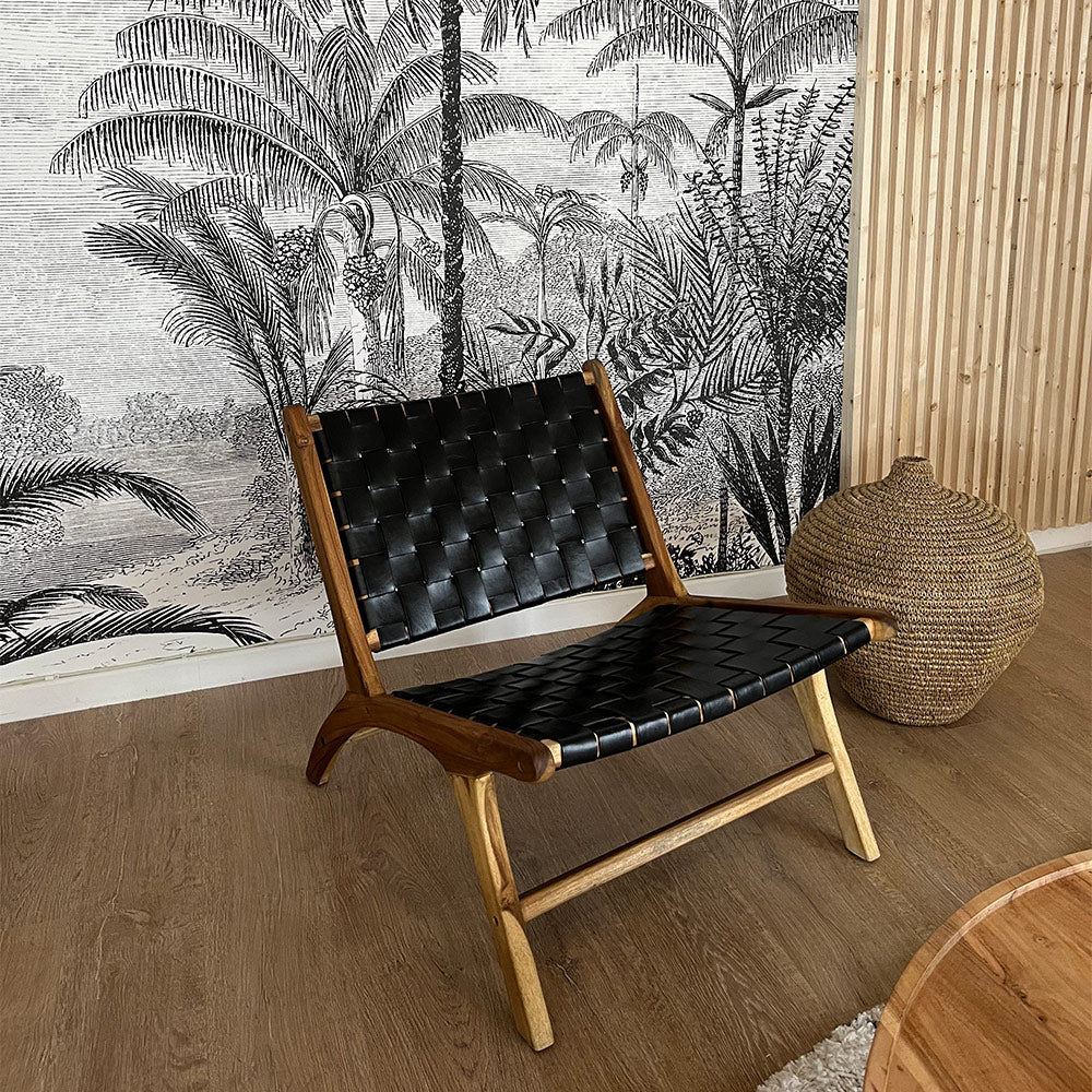 acheter fauteuil en cuir noir et teck