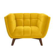 acheter fauteuil velours jaune pieds bois fonces
