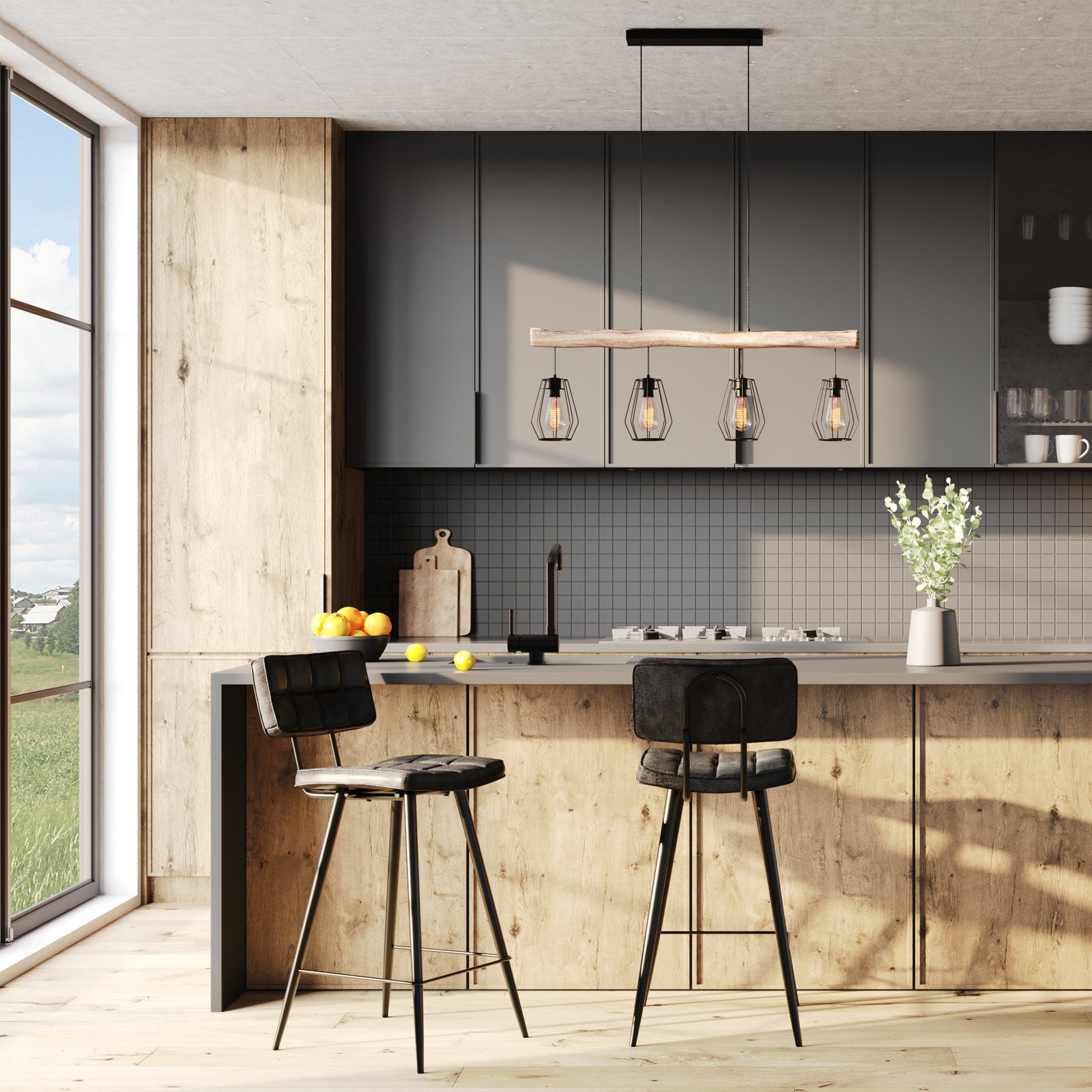 acheter suspension avec 4 lampes bois et metal