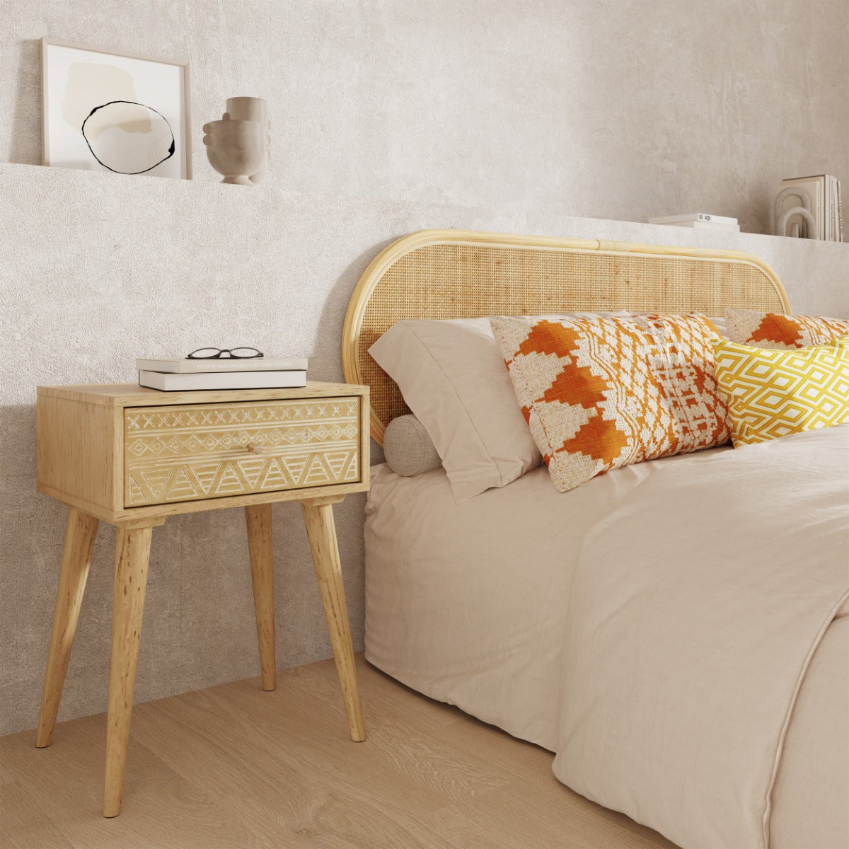 acheter table de chevet en bois gravee 1 tiroir ethnique